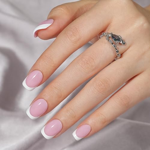 French Gel Nail Tips - Jofay Fashion French Tip Press on Nails, 10-Piece Set 320Pcs Short Square Nail Tips, Pre-applied Tip Primer & Base Coat, No Need to File Fake Nails for Nail Extension, 16 Sizes