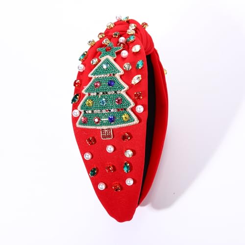 Christmas Headband for Women Jeweled Xmas Plaid Headband Embellished Crystal Pearl Knotted Headbands Wide Top Knot Holiday Headband Christmas Hair Accessories Holiday Outfits Gifts (Snowflake Red)