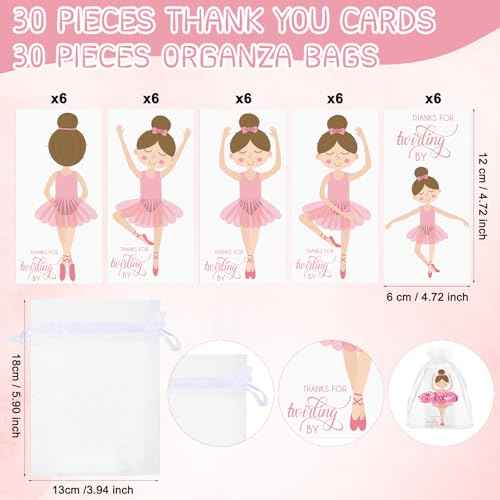 Yinkin 30 Sets Ballerina Party Favors for Girls Hair Scrunchies with Thanks Twirling Cards for Birthday Dance Recital Gifts Ballet Party Favors(Pink)
