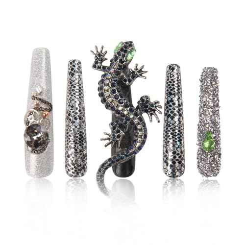 LOVFUL Press on Nails Mr Gecko | Handmade with Full Covered Crystals | Reusable Fake Nails | Coffin Long 2.2 in | H62-M