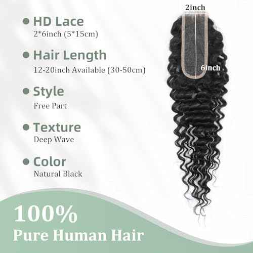 2x6 HD Lace Closure Loose Deep Wave Human Hair 12 Inch - 0.10mm Ultra-thin Invisible Burmese Curly 2 by 6 Closure, 100% Pre Plucked Brazilian Raw Virgin Hair Skinlike HD Lace Closure Wet and Wavy