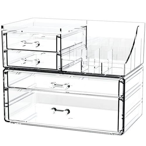 Small Make up Organizers and Storage with 4 Drawers,Clear Skincare Organizers,Cosmetic Storage for Dresser Top Organizer,Bathroom,Vanity,Countertop Makeup Organizers for Skin Care and Beauty Organizer