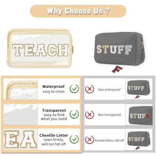 Teacher Appreciation Gifts Chenille Letter Clear Makeup Bag TEACH Pouch, Preppy Patch Makeup Bag with Zipper Graduation Retirement Birthday Cosmetic Bag Teacher Gifts Supplies for Women(TEACH-Beige)
