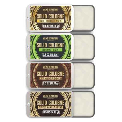 Viking Revolution 4 Pack Mens Colognes - 0.5 Oz Solid Perfume with Spiced Vanilla, Sweet Tobacco, Majestic Oud, Bergamot - Travel Wax Balm Cologne