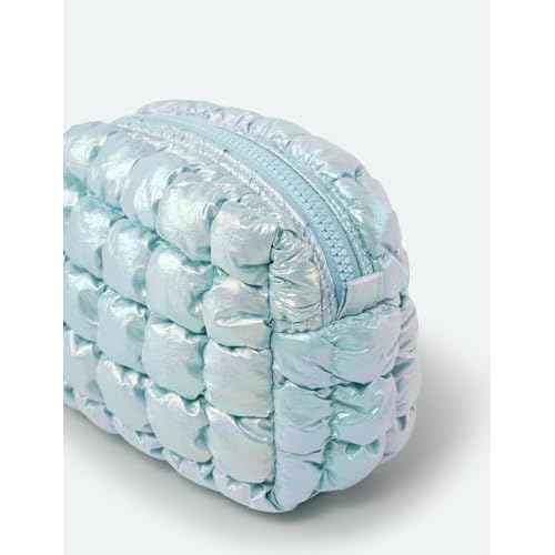 Yarnic Quilted Makeup Bag Puffy Cosmetic Bag, Quilt Travel Toiletry Bag Puffer for Women, Cute Makeup Bag Organizer Soft Cosmetic Pouch (Iridescent Blue, S)