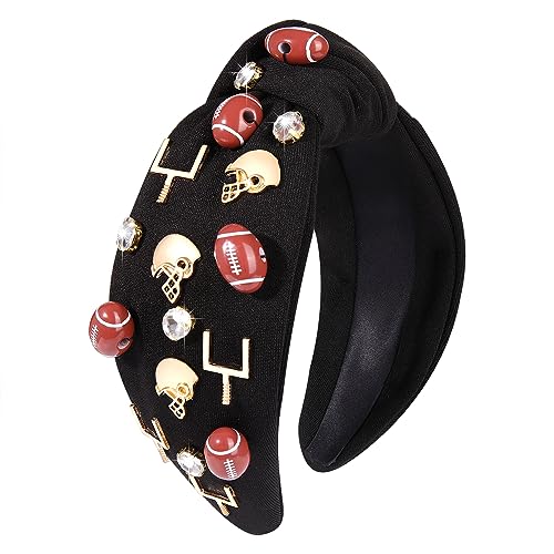 Football Headband for Women Football Mom Accessories Rhinestone Crystal Football Charm Top Knot Hairband Black White Red Purple Blue Gameday Sports Wide Twist Football Hair Band Headpiece Accessories