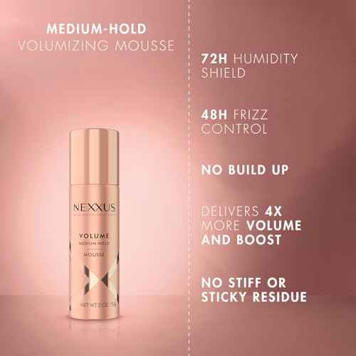 Nexxus Travel Mousse, Volume Medium Hold 4-Pack ? 72-Hour Anti-Humidity Shield, 48-Hour Frizz Control, Rose Fragrance, 2 Oz Ea