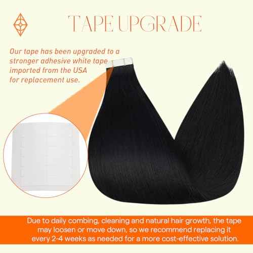 Full Shine Human Hair Tape in Extensions 24Inch Long Hair Extensions Color 1 Jet Black Invisible Tape in Hair Extensions Remy Hair 40Pcs Skin Weft Human Hair Extensions 100G Add Length