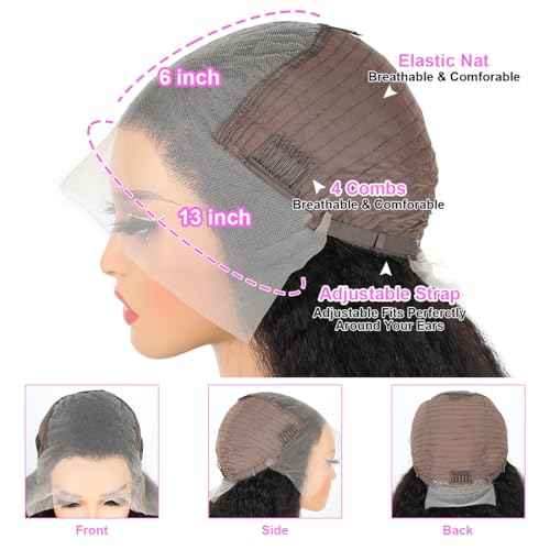 Domiso 13x6 Curly Afro Lace Front Human Hair Wigs Afro Kinky Curly Transparent Lace Front Wigs Deep Parting 200% Density Afro Wigs Knots Bleached Hairline Pre Plucked Natural Black Color 20 Inch