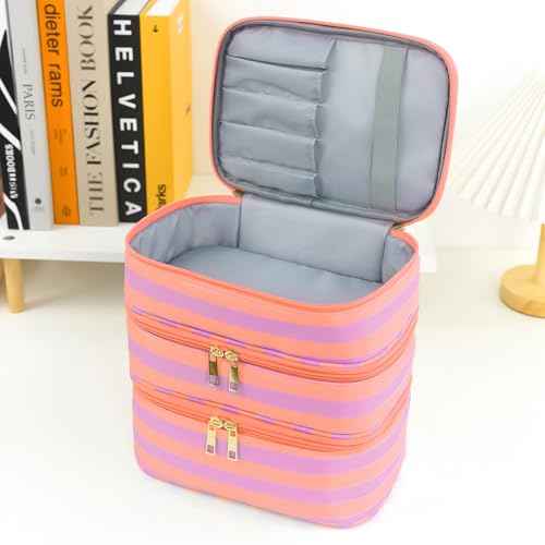 Three Layer Makeup Bag for Women Fashion Stripes Cosmetic Bag Preppy Style Travel Water-Resistant Toiletry Bag for Storage Toiletries Cosmetics Sets for Women Teen Girls Purple