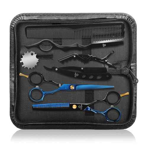 Hair Cutting Shears Sets - Professional 9 PCS Haircut Scissors Kit with 6.5" Thinning/Texturizing Scissors (29 Teeth) and Straight Shears for Men Women Home Salon (Black & Blue)