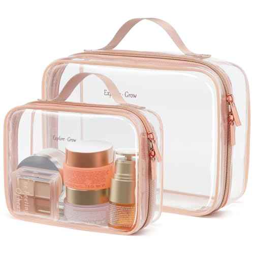 PACKISM Clear Makeup Bag - 2 Pack TSA Approved Toiletry Bag with Handle and 180¡Æ Large Opening, Clear Toiletry Bag Fit Carry-on Travel Essential, Travel Bags for Toiletries, Rose Pink