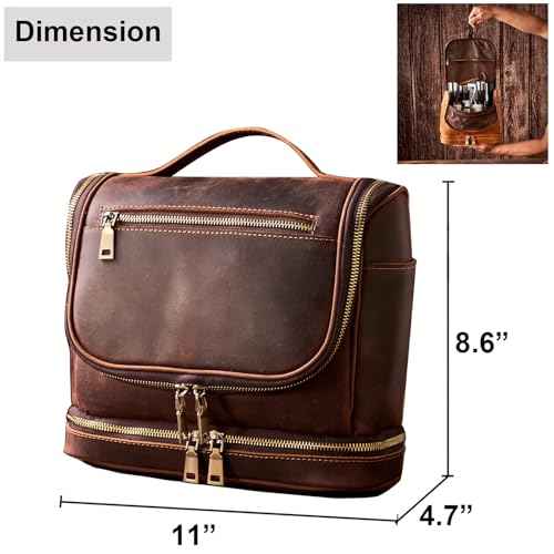 EURYNOME Travel Toiletry Bag For Men, Genuine Leather Shaving Dopp Kit Bottom Storage Holds More (11x8.6x4.7)-Mens Toiletry Bag -Leather Makeup Cosmetic Organizer Kit - Men Travel Toiletries Bag
