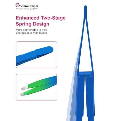 Exclusive G-01 Slant Tip Tweezers, GlamTweeler High Precison Expert Eyebrow and Facial Hair Removal Tweezer with Leather Storage & Carrying Case (Princess Blue & Green)