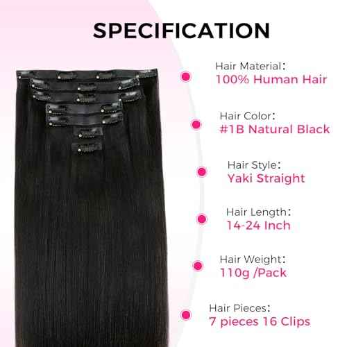 Lashey Invisi Edge Clip in Hair Extensions 14 Inch 110g 7pcs Injected Seamless PU Clip in Hair Extensions Virgin Human Hair, Natural Black Yaki Straight Hair