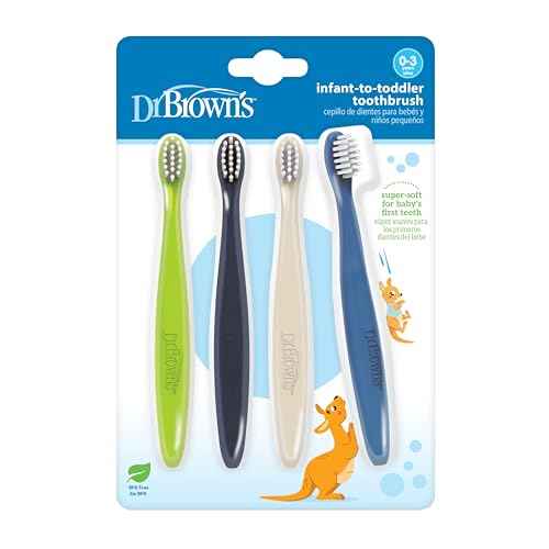 Dr. Brown's Infant-to-Toddler Toothbrush Set, Soft & Gentle Manual Toothbrushes for Baby, Green/Dark Blue/Ecru/Blue, BPA Free, 0-3 Years ? 4-Pack