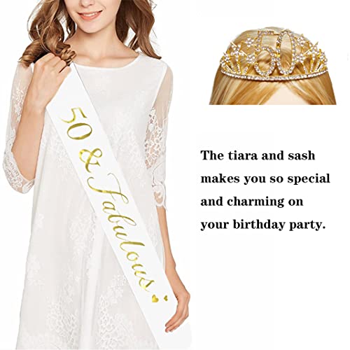 Happy 50th Birthday Tiara and Sash Gifts Crystal Rhinestone Princess Crown Birthday Queen Party Favor Supplies Gold Crowns White Sash