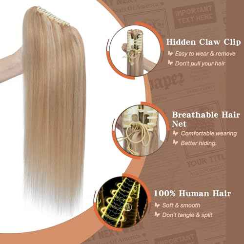 Claw Clip In Ponytail Extension, 100% Human Hair Ponytail Extension, No Tangle & Smooth, 105g, 16 Inch #Blonde & Bleach Blonde