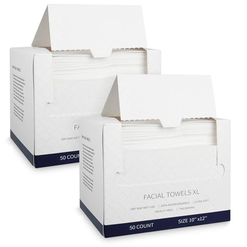 KODAMO Disposable Face Towels ? 2 Pack (100 Count) ? Ultra Soft & Thick Biodegradable Makeup Remover Cloths ? Lint-Free Facial Cleansing Cloths in Paper Box