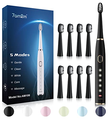 7AM2M Sonic Electric Toothbrush for Adults and Kids- High Power Rechargeable Toothbrushes with 8 Brush Heads,5 Adjustable Modes, Built-in 2-Minute Smart Timer,4 Hours Fast Charge for 30 Days(Black)