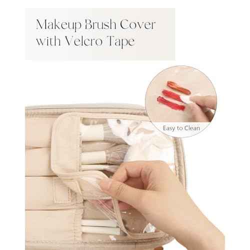 Prite Makeup Bag Portable Cosmetic Organizer with Brush Holder Waterproof Travel Toiletry Bag for Women with Handle and Divider (Beige)