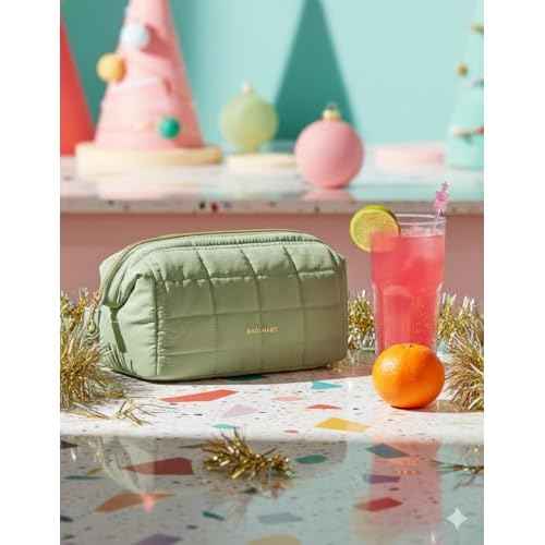 BAGSMART Makeup Bag Travel Cosmetic Bag, Puffy Padded Make Up Bags for Women Makeup Organizer Case, Wide-open Pouch Purse Travel Essentials Toiletries Accessories Brushes, Mossy Green