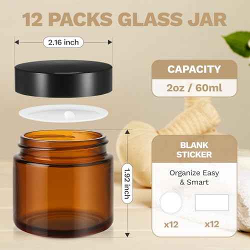 2 oz Small Glass Jars with Lids, Bumobum 12 Pack Amber Glass Cosmetic Jars with Inner Liners, 60ml Round Empty Sample Containers with Blank Labels for Cream, Salve, Lotion