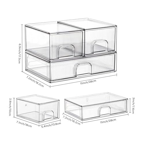 HBlife Stackable Clear Acrylic Storage Drawer Organizer - Set of 3 Makeup and Bathroom Storage Bins - Versatile for Vanity, Undersink, Kitchen, and Office Organization