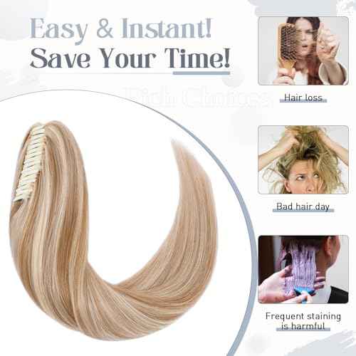 Rich Choices Claw Clip Ponytail Extension Human Hair Real Hair Ponytail Balayage Golden Brown Highlighted Bleach Blonde 16 Inch 105g One Piece Clip In Long Ponytail Hair Extension For Women #12P613