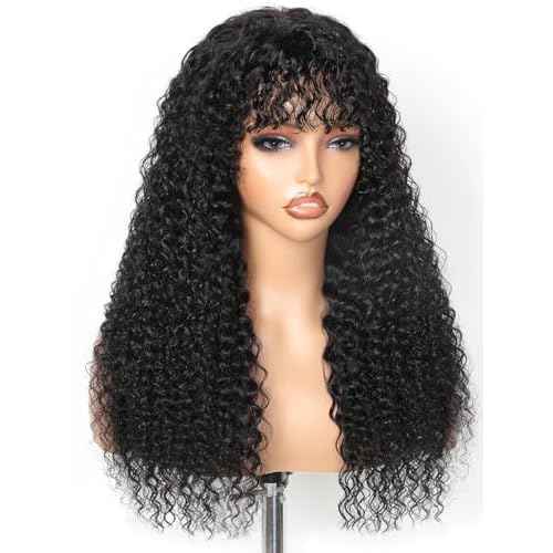 Ruiyu Curly Wig with Bangs Human Hair 2x4 HD Lace Closure Wear and Go Glueless Wig Water Wave Wigs with Bangs for Black Women 180 Density 100% Brazilian Virgin Human Hair 18 Inch