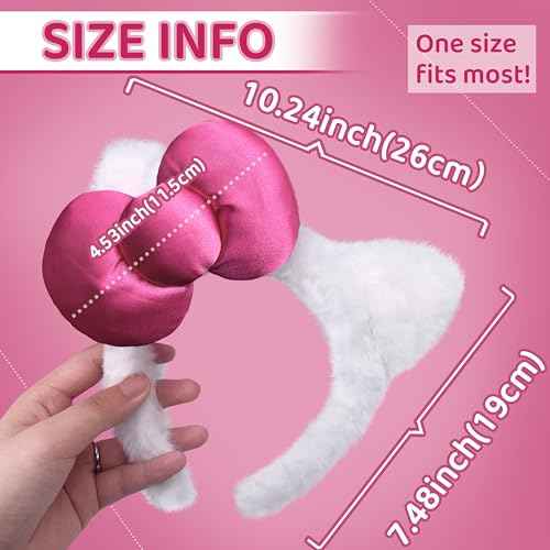 Kitty Headband White Cat Ears Hair Accessories with Pink Bow Birthday Party Costume Christmas Gifts for Women