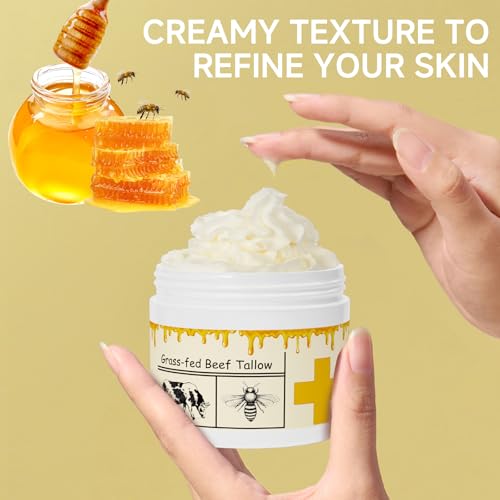 Beef Tallow for Skin, Beef Tallow, Tallow and Honey Cream, Grass Fed Beef Tallow, Whipped Beef Tallow for Face Moisturizer for All Purpose with Raw Honey Tallow Balm 150 Gram(5.3oz)