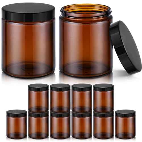 8 oz Amber Glass Jars with Lids, 12 Pack Amber Small Glass Jars with Black Lids, Lotion Container Empty Cosmetic Travel Containers for Sample, Cream, Lotion, Honey, Powder