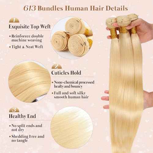 613 Blonde Bundles Human Hair 4 Bundles Straight 18 20 22 24 Inch 16A Grade Brazilian Virgin Human Hair Bundle Weave Hair Extensions For Women