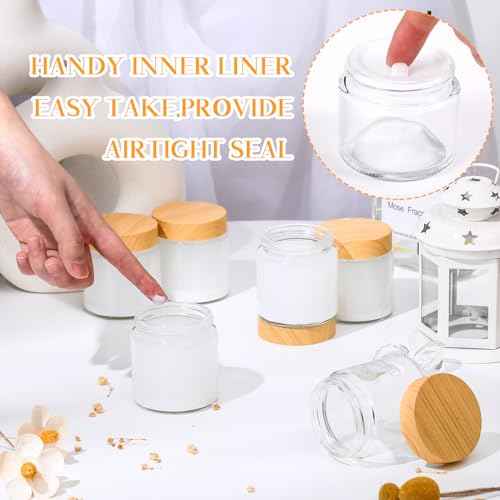Norme 24 Pcs 4 oz Glass Jars with Lids Empty Small Glass Containers and Inner Liners Reusable Cosmetic Jars Round Airtight Bottles with Plastic Woodgrain Lids for Travel