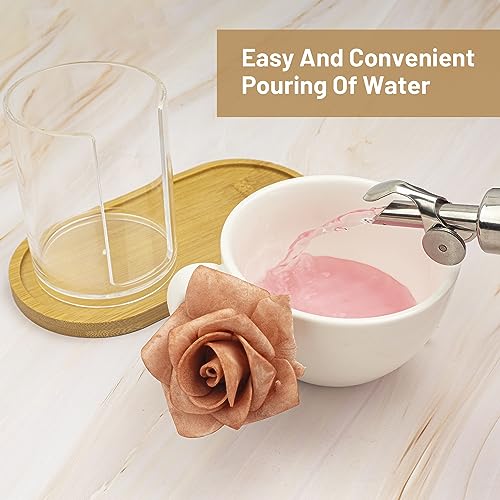 480ml/16.23 Oz Glass Pump Dispenser for Mouthwash With Disposable Cups Holder, Pour Spout Refillable Clear Container, Bamboo Tray, and Labels