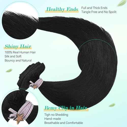 Ukira Black Hair Extensions Real Human Hair, 20 Inch 120g 7pcs Natural Black Human Hair Extensions Clip ins, Natural Soft Straight Remy Human Hair Clip in Extensions for Women