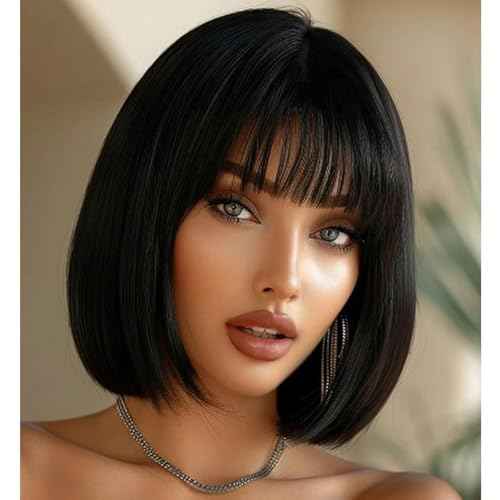 Straight Short Bob Natural Black HD Lace Front Wigs with Baby Hair 13X4 Glueless Human Hair Bangs Pre Plucked with Bleached Knots 180 Density for Black Woman 10 Inch