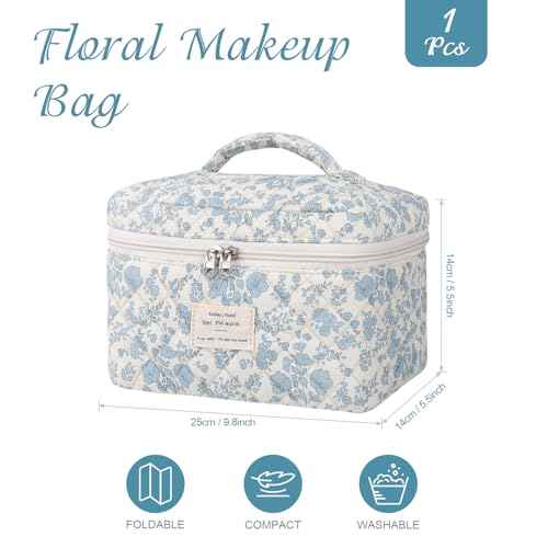 Large Makeup Bag, Cute Cosmetic Bag for Women Girls Floral Coquette Aesthetic Toiletry Bag Travel Make Up Organizer Bag (Blue)