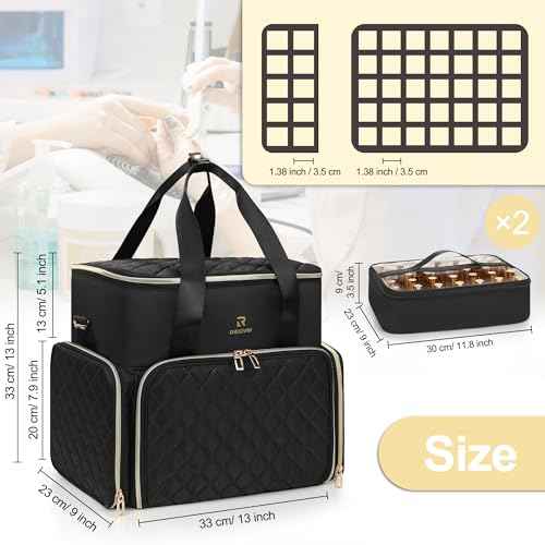 Relavel Nail Polish Organizer, Double Layer Nail Bag Holds 80-100 Bottles (15ml/0.5fl.oz) & Nail Lamp Nail Kit Storage Case, Extra Large Travel Nail Supplies Shoulder Bag for Manicure Tools (Black)