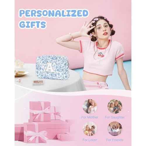 Narwey Christmas Gifts for Teen Girls Kids Women Personalized Initial Floral Makeup Bag Cute Cosmetic Trendy Stuff 6 8 10 11 12 13 14 16 18 Years Old Travel Toiletry Bag (Little Blue Flower A)