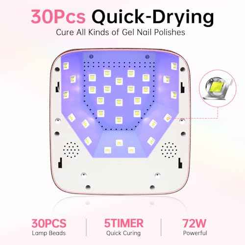 UV LED Nail Lamp 72W Rechargeable Sparkly Wireless Nail Dryer Gel Polish Light with 5 Timer Setting Professional Quick Dry Curing Lamp Pink with Display Auto Sensor for Salon & Home