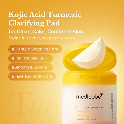 medicube Kojic Acid Turmeric Clarifying Toner Pad for Troubled Skin & Use After Spot Care, Soothing & Calming with Kojic Acid, Turmeric, Niacinamide & Glycolic Acid, Korean Skin Care, 70 Pads, 1 Pack