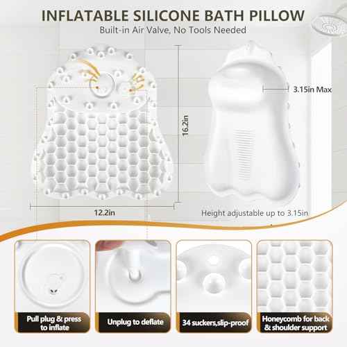 Inflatable Bath Pillows for Tub - Adjustable Firmness Silicone Bathtub Pillow for Neck-Relaxing & Epsom Salt Soaking, Bath Pillow for Head & Back Support Cushion, Spa Gifts for Women, Parent