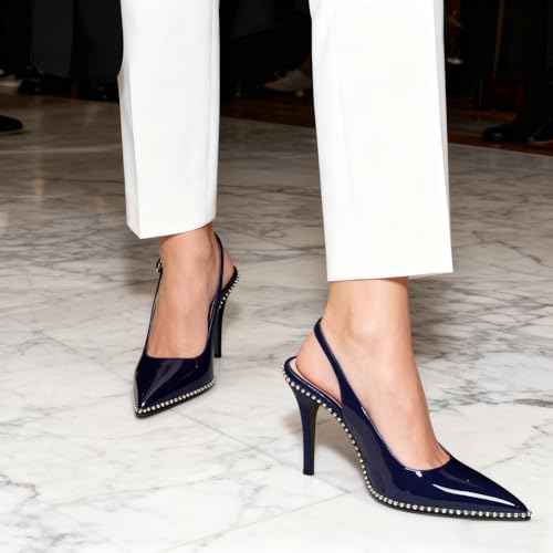 Zamikoo Women Beaded Pumps High Heel Slingback Pointed Toe Slip On 3.5 Inch Stilettos Ankle Strap Adjustable Buckle Patent Leather US Size 5 -Size 13
