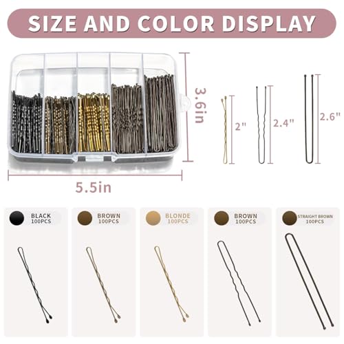 Bobby Pins and Hair Pins Combo Box 500PCS, Big Quantity Hair Pins Kit Black Brown Gold Bobby Pins and U Shape Brown for Styling Hair with Storage Box 2" / 2.4" / 2.6¡± for Women