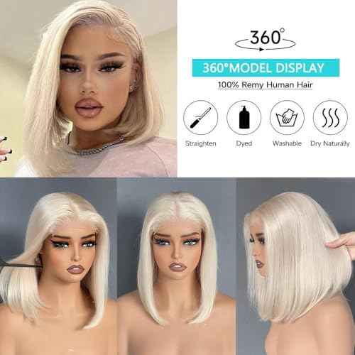 Bye Bye-Glue Warm Platinum Blonde Wig Human Hair Preplucked Precut HD Lace Baroque Pearl Short Bob Human Hair Wigs For Women 200% Density Double Drawn Straight Cut Wig 10"