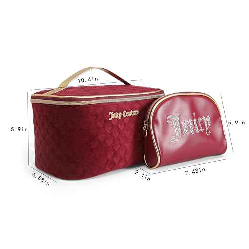 Juicy Couture Red Makeup Bag Cosmetics Organizer Travel Essentials Train Case Coin Purse Velour Heart Faux Leather Rhinestone