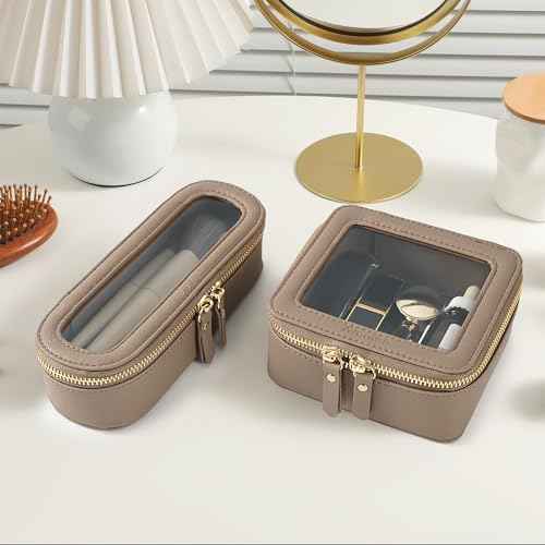 Aveniee Slim Clear Makeup Brush Bag, Small Cosmetic Brush Holder, Mini Toiletry Bag Travel Case for Women, Thin Make up Bags with Dual Zipper, Cute Travel Essentials Bag Organize - Taupe