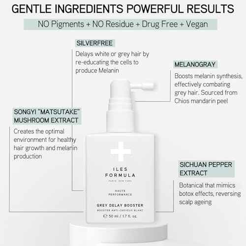 ILES FORMULA Grey Delay Anti Gray Hair Booster ? Botanical Leave-In Treatment Spray with Silverfree and Melanogray to Restore Natural Hair Color and Prevent Premature Greying, 1-Month Supply